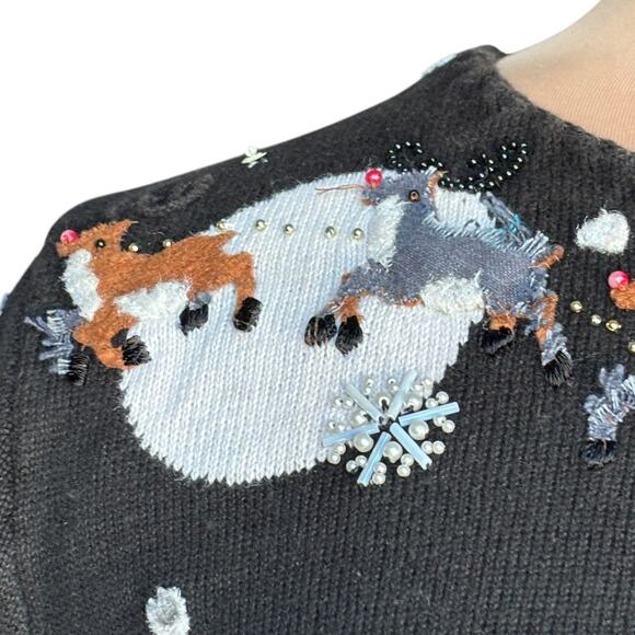 Vintage Michael Simon Event XL Holiday Village Sweater Black Blue Bead  Applique - Picture 2 of 13